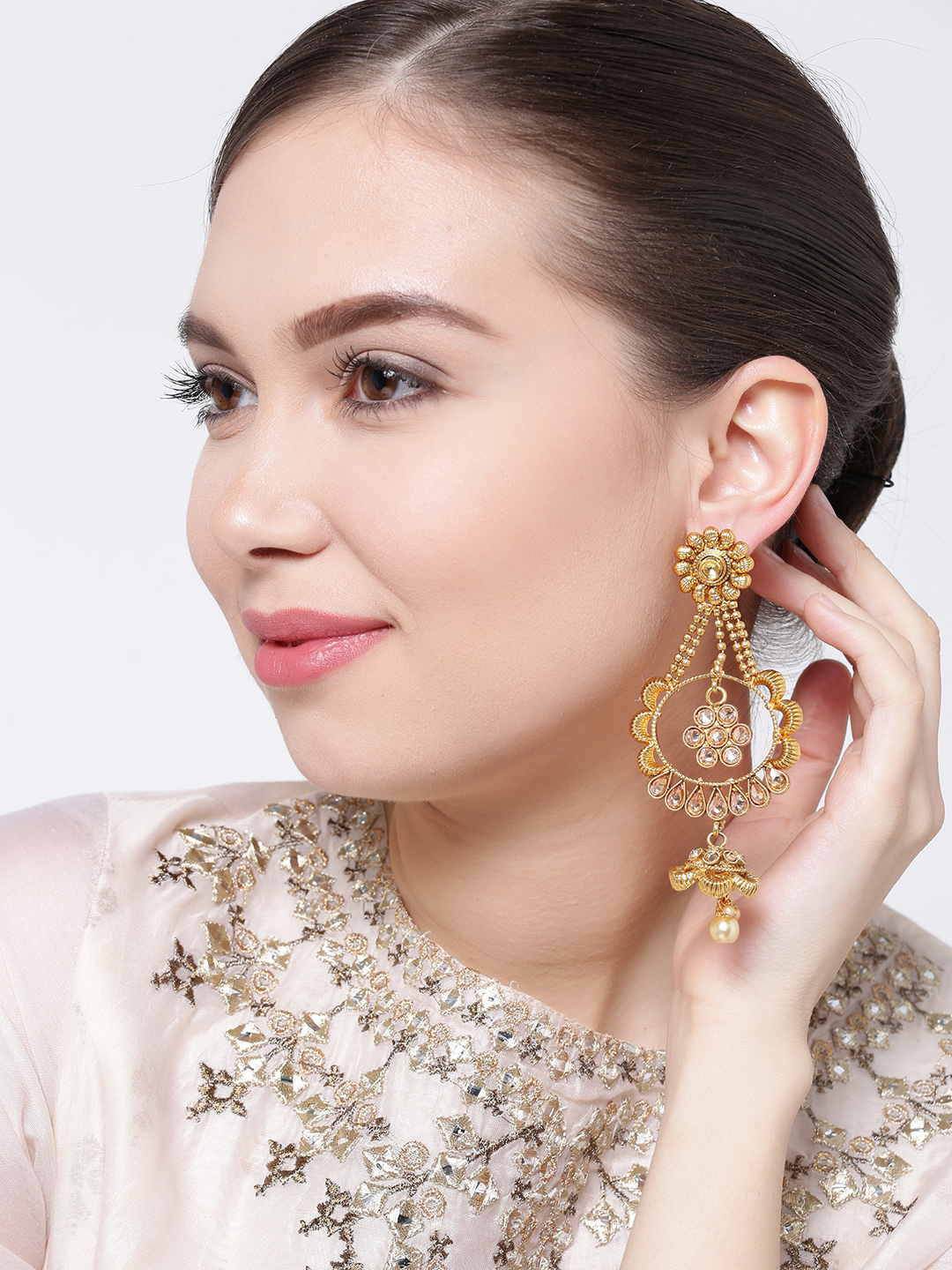 YouBella Gold-Plated Stone-Studded Floral Drop Earrings